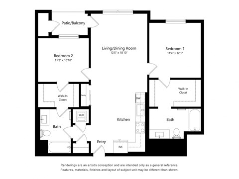 Floor plan for 2 beds, 2 baths, 1061 sqft